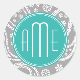 Chic Floral Grau Paisley Muster & Blue Monogram Runder Aufkleber