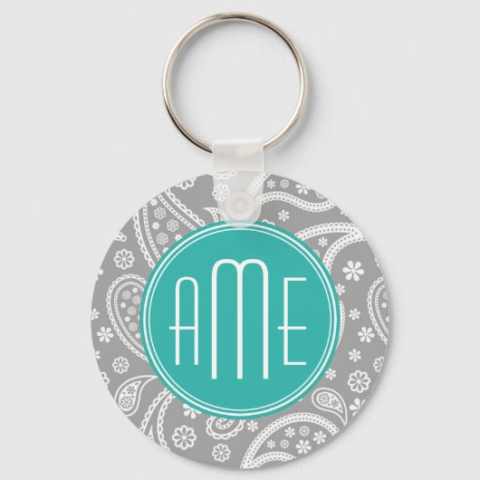 Chic Floral Grau Paisley Muster & Blue Monogram Schlüsselanhänger (Vorderseite)