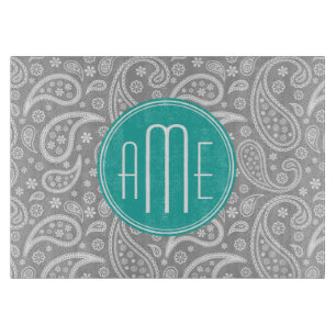 Chic Floral Grau Paisley Muster & Blue Monogram Schneidebrett