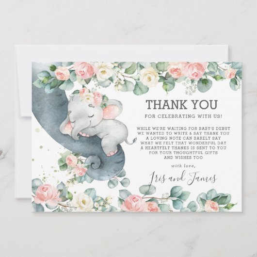 Chic Floral Greenery Elephant Baby Shower Girl Dankeskarte (Vorderseite)