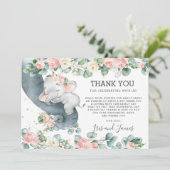 Chic Floral Greenery Elephant Baby Shower Girl Dankeskarte (Stehend Vorderseite)