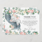 Chic Floral Greenery Elephant Baby Shower Girl Dankeskarte (Vorne/Hinten)