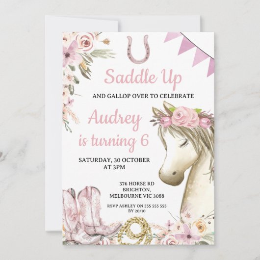Chic Floral Horse oder Pony Saddle Up Birthday Einladung (Vorderseite)