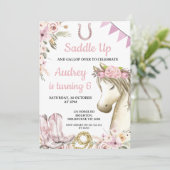 Chic Floral Horse oder Pony Saddle Up Birthday Einladung (Stehend Vorderseite)