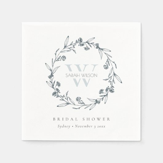 Chic Floral Laurel Wreath Monogram Brautparty Serviette (Vorderseite)