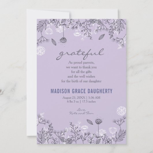 Chic Floral Lila Birth Announcement Card (Rückseite)