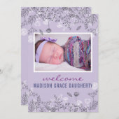 Chic Floral Lila Birth Announcement Card (Vorne/Hinten)