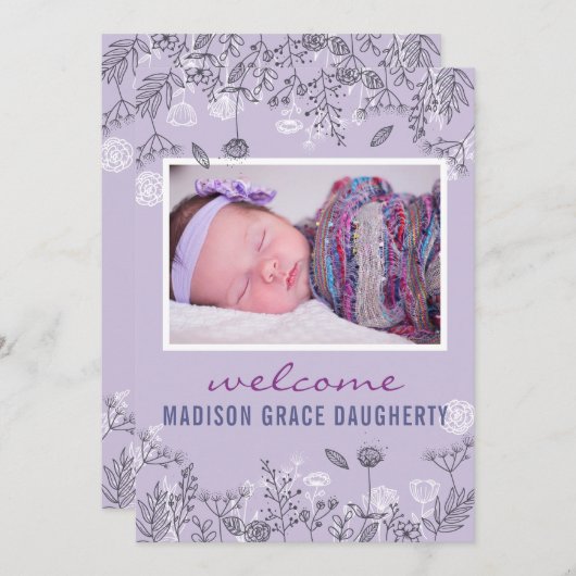 Chic Floral Lila Birth Announcement Card (Vorne/Hinten)