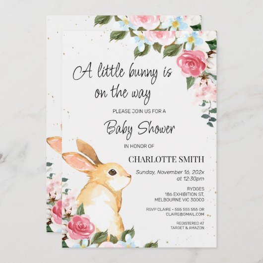 Chic Floral Little Bunny Baby Dusche Einladung (Vorne/Hinten)