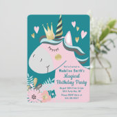 Chic Floral Magical Unicorn Girl's Birthday Party Einladung (Stehend Vorderseite)