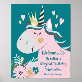 Chic Floral Magical Unicorn Girly Birthday Willkom Poster