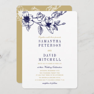 Chic Floral Magnolia Branch Navy Blue GOLD Hochzei Einladung
