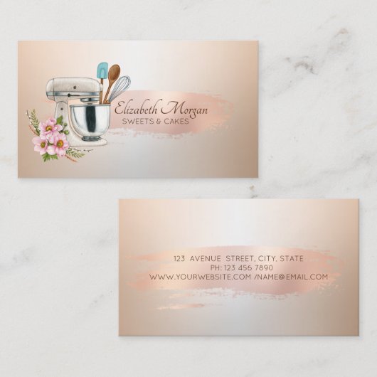 Chic Floral Mixer Rose Gold Pinselstriche, Bäckere Visitenkarte (Vorne/Hinten)
