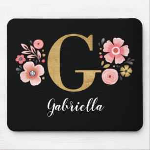 Chic Floral Monogram Initial Black Gold Letter G Mousepad