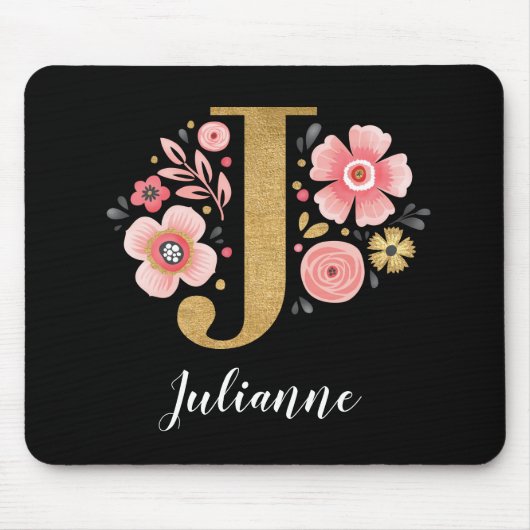 Chic Floral Monogram Initial Pink Gold Letter J Mousepad (Vorne)