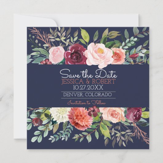 Chic Floral Navy Blue Save the Date Card (Vorderseite)