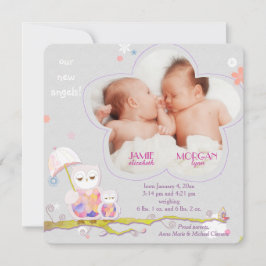 Chic Floral Owls Twins Foto Birth Ankündigung