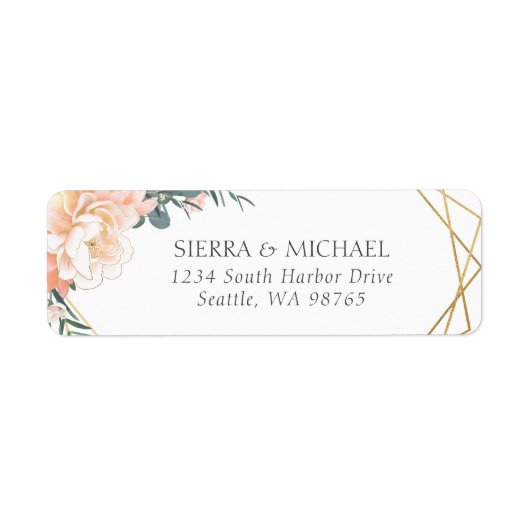 Chic Floral Peach Gold Hochzeit Rücksendeadresse (Vorne)