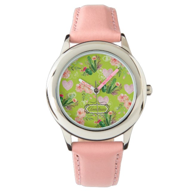 Chic Floral Personalisiert Cactus Armbanduhr (Vorderseite)