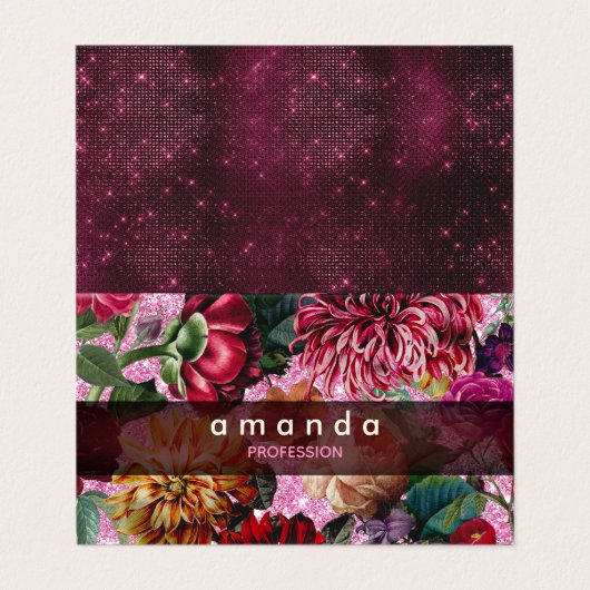Chic floral pink Burgund lila Glitzer Monogramm Visitenkarten (Außenseite Aufgefaltet)