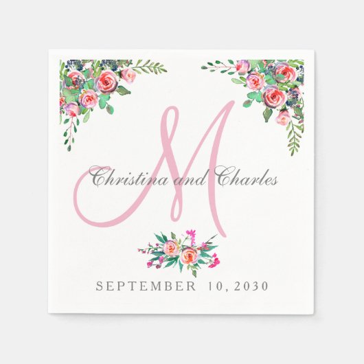 Chic Floral Pink Monogram Wedding Paper Napkins Serviette (Vorderseite)