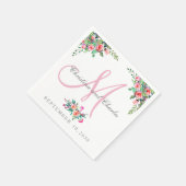 Chic Floral Pink Monogram Wedding Paper Napkins Serviette (Ecke)