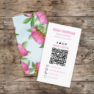 Chic Floral Pink Peony Beruflich QR Code Einfach Visitenkarte