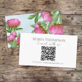 Chic Floral Pink Peony Beruflich QR Code Visitenkarte