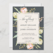 Chic Floral Pink Peony Botanical Off-Black Wedding Einladung (Vorderseite)