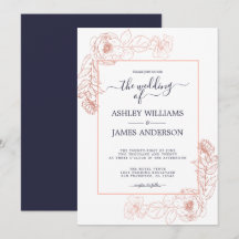 Chic Floral Pink Rose Gold Dark Blue Wedding