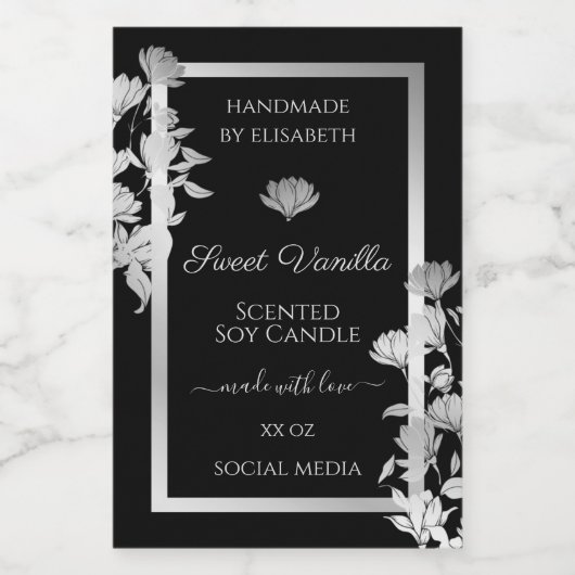 Chic Floral Product Packaging Labels Black Silver Lebensmitteletikett (Einzelnes Label)