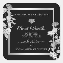 Chic Floral Product Packaging Labels Black Silver Quadratischer Aufkleber
