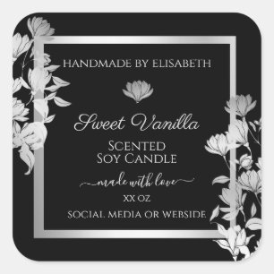 Chic Floral Product Packaging Labels Black Silver Quadratischer Aufkleber