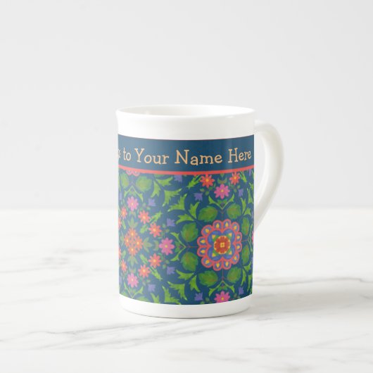 Chic Floral Rangoli Deep Blue Bone China Tasse (Vorderseite Rechts)