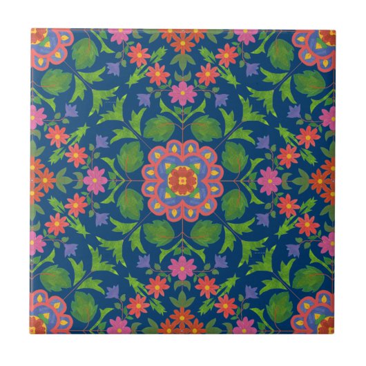 Chic Floral Rangoli Deep Blue Keramik Tile Fliese (Vorderseite)