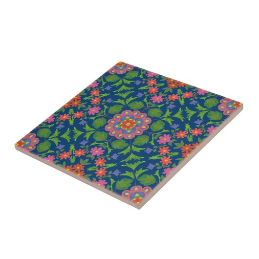 Chic Floral Rangoli Deep Blue Keramik Tile Fliese (Seite)