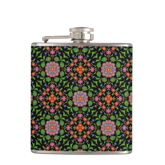 Chic Floral Rangoli Muster auf Schwarzer Hüftkolbe Flachmann (Vorderseite)