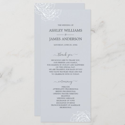 Chic Floral Rose Ice Blauen Einfache Hochzeit Programm (Vorne/Hinten)