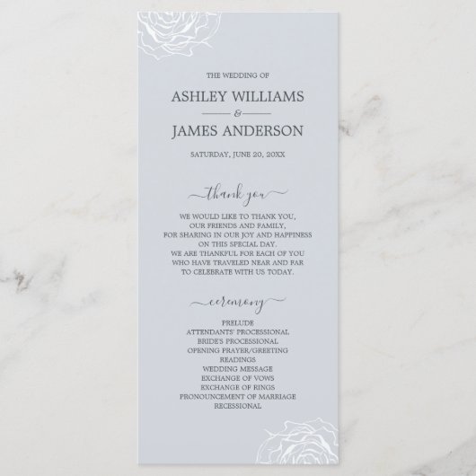 Chic Floral Rose Ice Blauen Einfache Hochzeit Programm (Vorderseite)