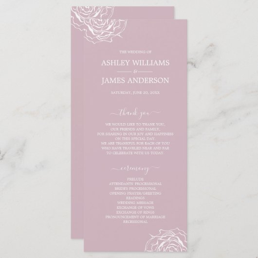Chic Floral Rose Lila Einfache Minimale Hochzeit Programm (Vorne/Hinten)