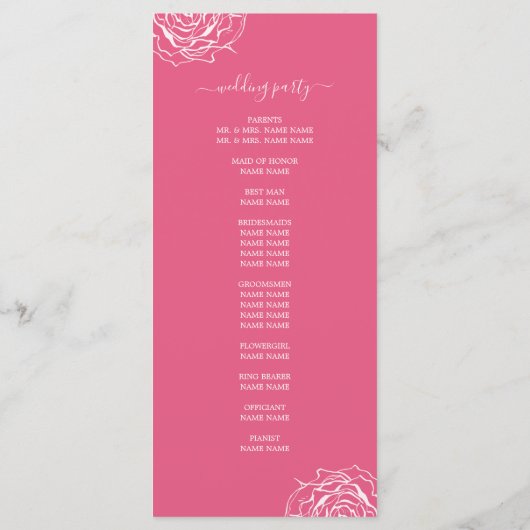 Chic Floral Rose Rosa Einfache Minimale Hochzeit Programm (Rückseite)