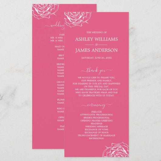 Chic Floral Rose Rosa Einfache Minimale Hochzeit Programm (Vorne/Hinten)