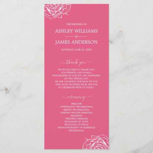 Chic Floral Rose Rosa Einfache Minimale Hochzeit Programm (Vorderseite)