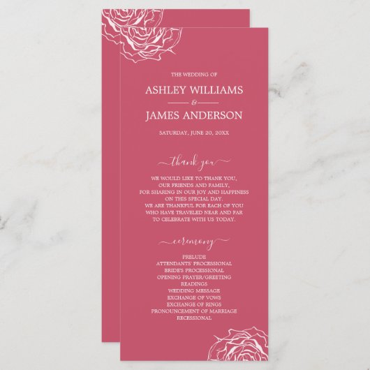 Chic Floral Rose Rosa Einfache Minimale Hochzeit Programm (Vorne/Hinten)