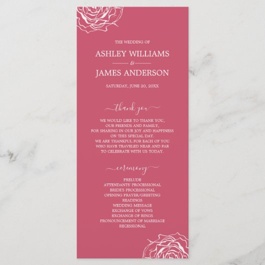 Chic Floral Rose Rosa Einfache Minimale Hochzeit Programm (Vorderseite)