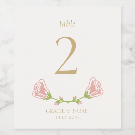 Chic Floral Rose Wappen Hochzeit Tischnummer Weinetikett (Einzelnes Label)