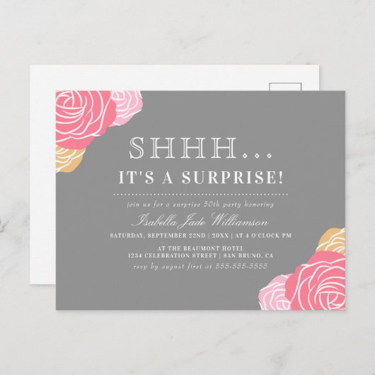 Chic Floral Shh... Es ist eine überraschende Gebur Einladungspostkarte (Vorne/Hinten)