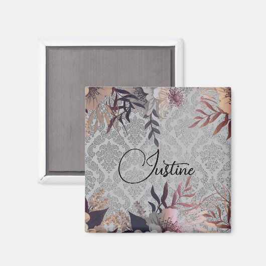 Chic Floral Silver Damask Personalisiert Magnet (Vorderseite/Rückseite)