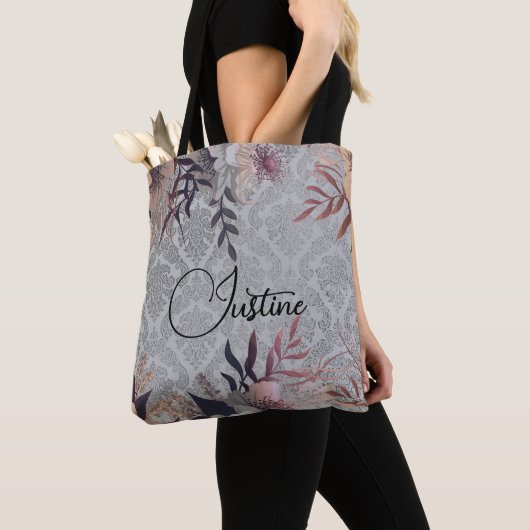 Chic Floral Silver Damask Personalisiert Tasche (Von Nahem)