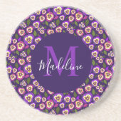 Chic Floral Stiefmütterchens Muster Lila Monogramm Getränkeuntersetzer (Vorne)